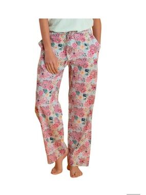 Mahogany Zoe Print Floral Drawstring Pajama Pants Pink Blue Wide Leg 100% Cotton